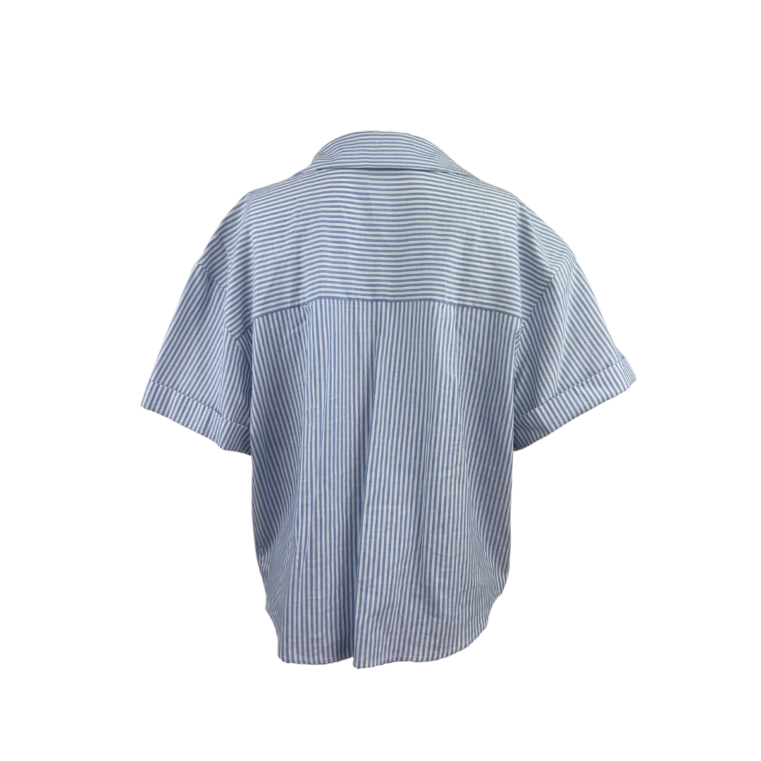 Zara Cropped Short Sleeve Blue and White Striped Blouse