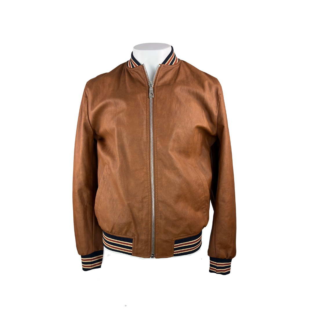 Zara Brown Leather Bomber with Stripe Trim