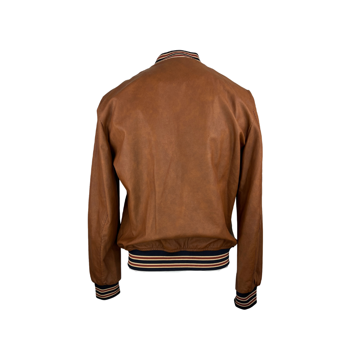 Zara Brown Leather Bomber with Stripe Trim