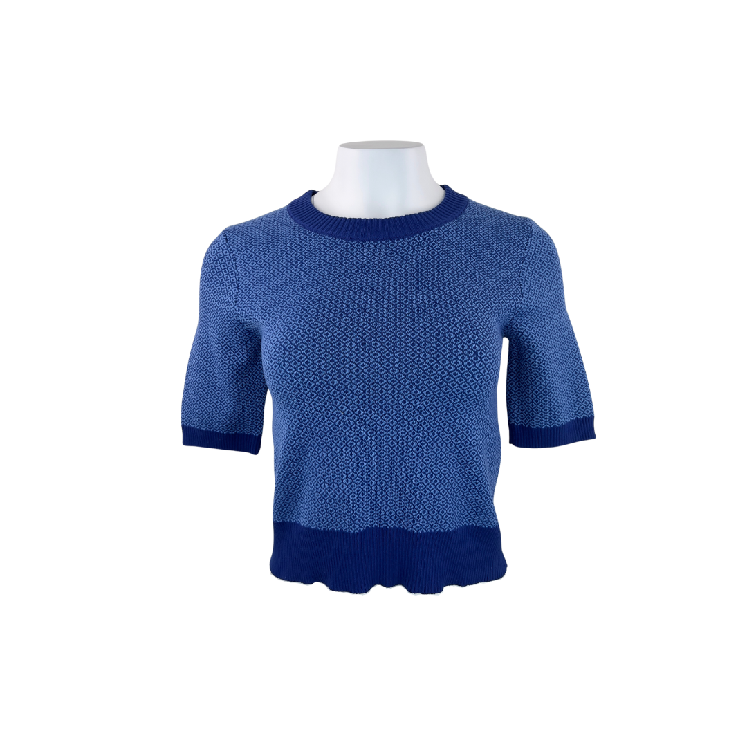 Simons Short Sleeve Cropped Sweater with Blue and Navy Pattern
