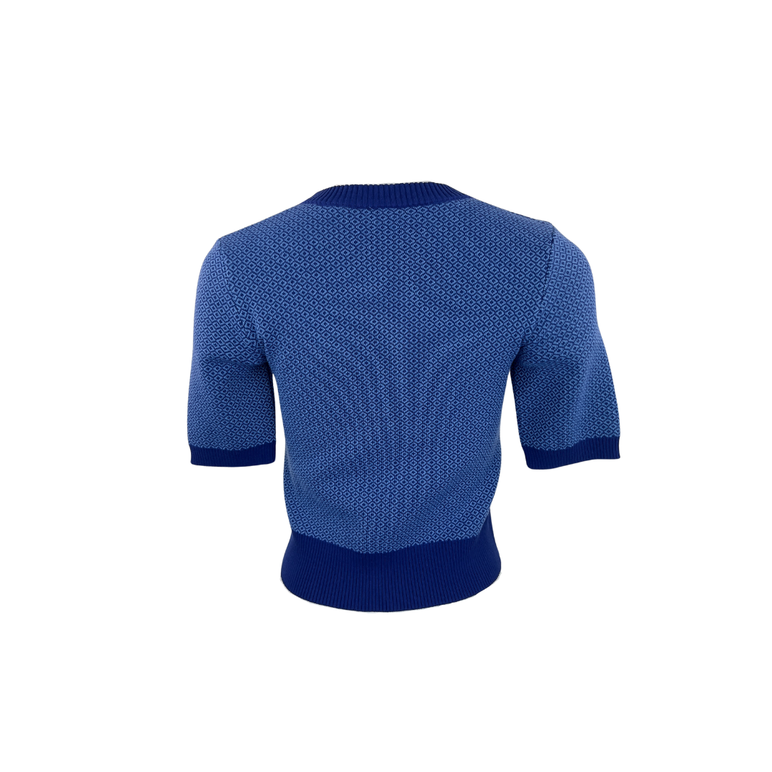 Simons Short Sleeve Cropped Sweater with Blue and Navy Pattern